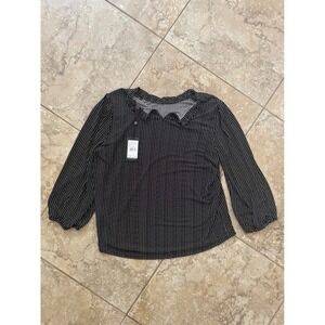 Adrianna Papell Ruffle‎ Neck Top 3/4 Sleeve Blouse Polka Dot Black White L